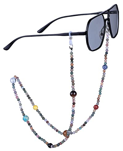 KYEYGWO Indischer Achat Kristall Perlen Brillenkette für Damen und Herren, Neun Planeten Brillenband Stein Brillenkordel Edelstein Kette Brillenschnur für Myopiebrille, Sonnenbrillen, Lesebrillen