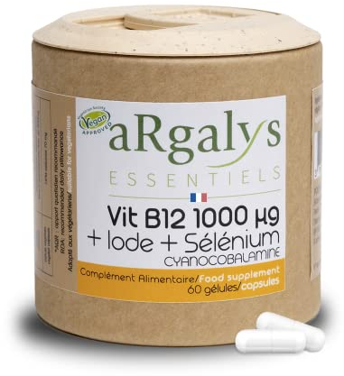 Vitamine B12 Vegan 1000 µg | Cure de 7 mois | + Iode et Sélénium | Cyanocobalamine | Recyclable | 60 gélules fabriquées en France | Compléments alimentaires | Argalys Essentiels…