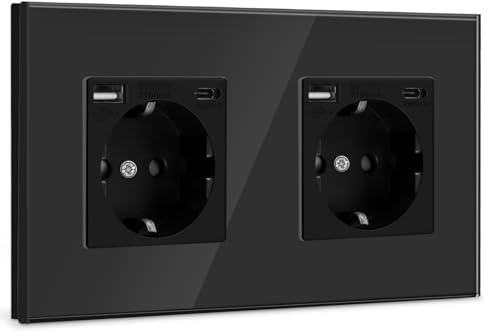 BSEED USB Steckdose Doppel Schwarz Schuko Wandsteckdose mit USB Anschluss (Max. 2.1A) Typ C Port Unterputz Steckdose Glas Ladegerät für Handys, Laptops etc