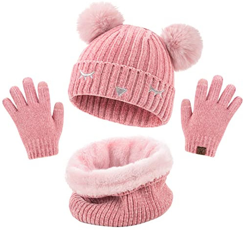 UMIPUBO Kids 3 in 1 Winter Thermal Knitted Hat Scarf Gloves Set - Pom Pom Hats Neck Warmer Touchscreen Gloves For Girls Boys, 6-10 years (Pink, One Size)
