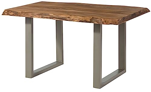 MASSIVMOEBEL24.DE | Freeform 5 - Baumtisch aus Sheeshamholz - Natur gebeizt | + U-Beine in Silber matt | 160x90x77 | Massivholztisch Baumkantentisch Esstisch