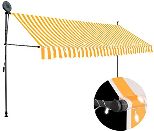 Homgoday Retractable manual awning, Waterproof UV-resistant polyester canopy with steel frame, Hand crank operation, 350 cm white and orange, for patio balcony garden sun shelter