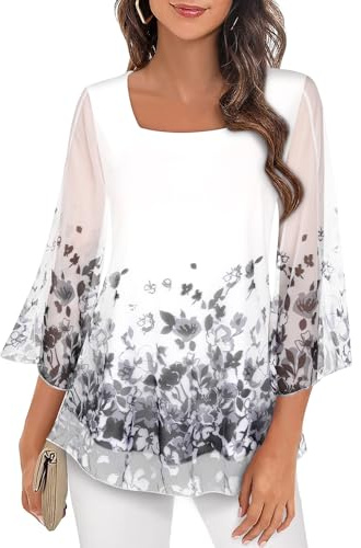 Syphiby Camicette da Donna con Ruffle, Maniche a 3/4, Top a Tunica, Scollo Quadrato, in Chiffon, a Doppio Strato, con Rete, Taglia M-3XL, Bianco floreale., M