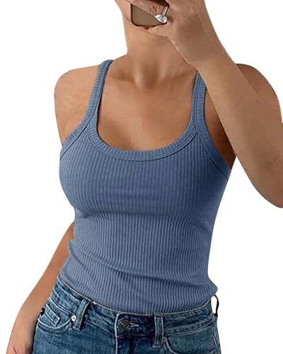 Wenrine Damen Tops Sommer Sexy U-Ausschnitt Gerippt Spaghetti Top Slim Fit Cami Einfarbig(Hellblau,M)