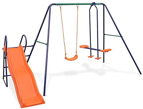 Homgoday Schaukelset mit Rutsche und 3 Sitzen Schaukelset mit Schaukelsitz Wippe und Rutsche Kinderschaukel Schaukelgerüst Schaukelgestell Gartenschaukel Orange