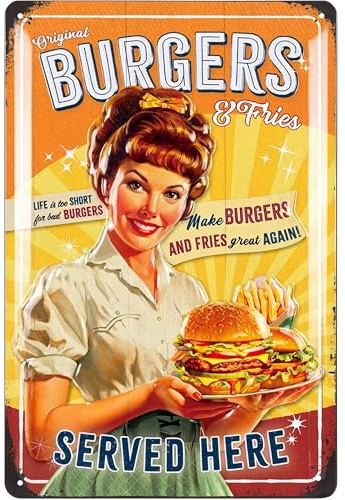 LANOLU Retro Blechschild Küche BURGERS, Nostalgie Blechschilder Grillen, BBQ Grill Schild, Retro Deko Vintage, Grillplatz, Garten, Bar, Küchen Restaurant Deko USA, 20x30cm