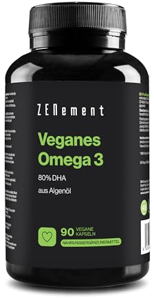 Veganes Omega-3 80% DHA – aus Algenöl – 900 mg DHA pro Tagesdosis (2 Kapseln) – in Form von Triglyceriden – 90 Kapseln
