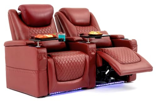 Airadlis Home Theater Seating Seats, Theater Recliner Chair Sofa Game Movie Theater Chairs with 7 Colors Ambient Lighting, Lumbar Pillow, Side Pocket, Tray Table, Power Recline, Red