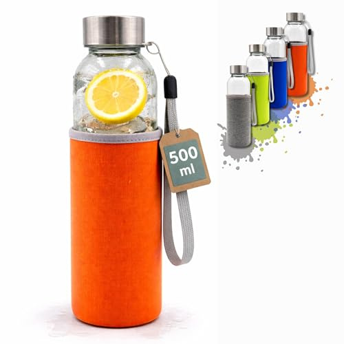 GERLINOVA Glas Trinkflasche 500ML - Sportflasche, Wanderflasche, Uniflasche & Schulflasche - Nachhaltige Trinkflasche für Jeden Tag Farbe Orange