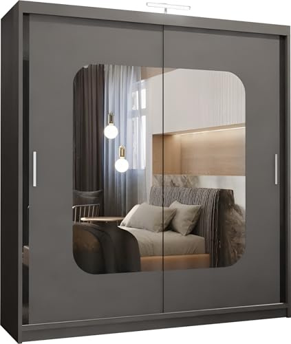 FURNITUREWAVE Alfa Sliding Door Wardrobe with Shelves & Hanging Rails White, Black, Grey & Oak Modern Furniture for Bedroom (120cm/150cm/180cm/203cm) (Grey, 180cm)