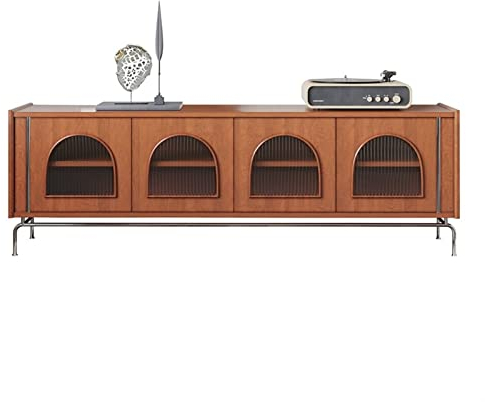 HASMI TV-Schrank Vintage-TV-Ständer mit Edelstahlbeinen, Home-Entertainment-Center-Medienkonsole aus Kirschholz mit gewölbtem Glastür-Aufbewahrungsschrank Fernsehschrank (Size : 180 * 40 * 63CM)