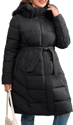 Geschallino Giacca imbottita da donna taglie forti Parka lungo Cappotto invernale caldo con cappuccio e cintura LZ12617PLUS Nero 1X