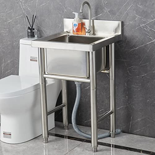 Freistehende gewerbliche Gastronomie-Küchenspüle, Spüleinheiten aus Edelstahl 304, Einzelbecken, Mehrzweckspüle, Handwaschbecken mit Wasserhahn, für den Außen- und Innenbereich, Garten, Wasc