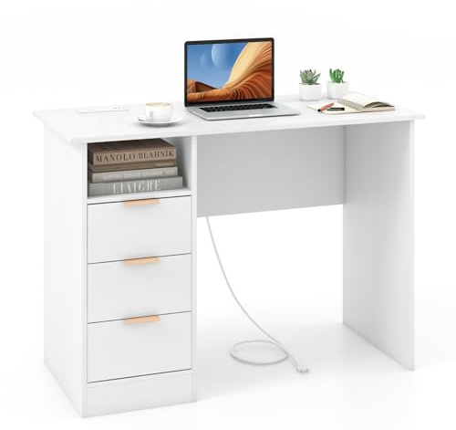 LIFEZEAL Computertisch, Schreibtisch weiß mit 3 Schubladen, Moderner Arbeitstisch mit Steckdosen, Kleiner Tisch Bürotisch, Max. 135 kg, 108 x 48 x 76 cm | Arbeitstisch mit USB-Ladeanschlüssen, Arbeitsstation, 108 x 48 x 76 cm