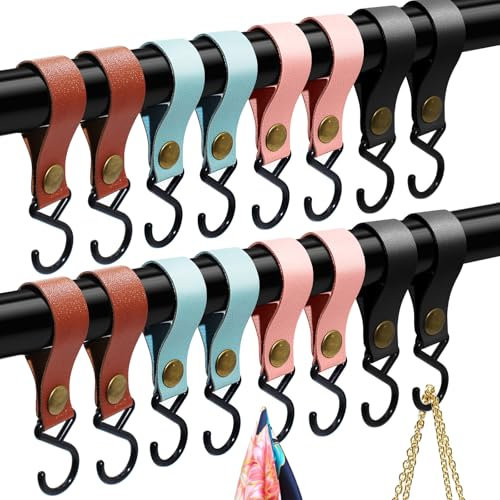 Annickee 16 Pièces Crochets en S en Cuir, Crochets en S de Suspension avec Boucle en Cuir, 4 Couleurs S-Crochet Métal, Crochet Multifonctionnel pour Cuisine, Salle de Bain, Manteaux, Armoire