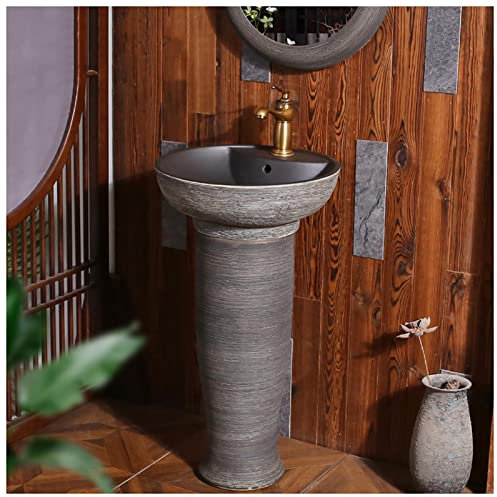 Pedestal Sink Handcrafted Ceramic wash Basin Pedestal washbasin, Kaolin Clay Pedestal Sink Round Freestanding Sink for Indoor and Outdoor,G, (G With mirror)