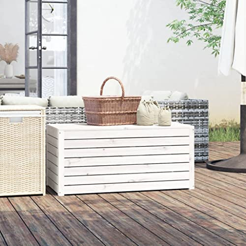 Myheimly Gartenbox, Auflagenbox mit Deckel, Kissenbox mit Stauraum, Aufbewahrungsbox Gartentruhe Gartentisch,Hocker, Weiß 101x50,5x46,5 cm Massivholz Kiefer