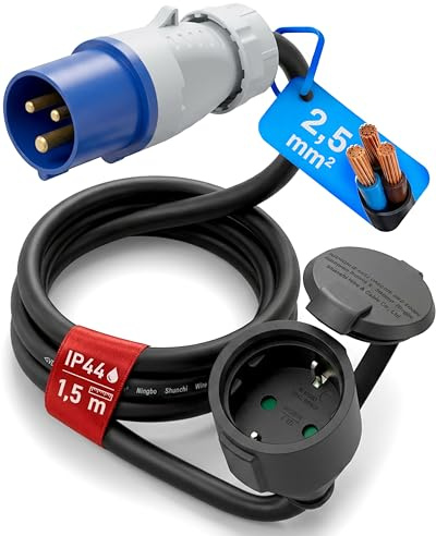 feletec CEE Adapter CEE Stecker auf Schuko Kupplung, 1,5m Camping Strom-Kabel, IP44 Camping Verlängerungskabel, H07RN-F 3G2,5 Campingstecker Adapter 16A