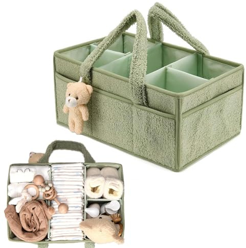KQWVZ Baby Windel Caddy Organizer, Tragbarer Wickelorganizer Mit Fächern & Griffen, Plüsch Wickel Organizer Groß Mit Teddybärpuppe, Wickeltasche Organizer Für Kinder Car Wickel Bags (Grün)