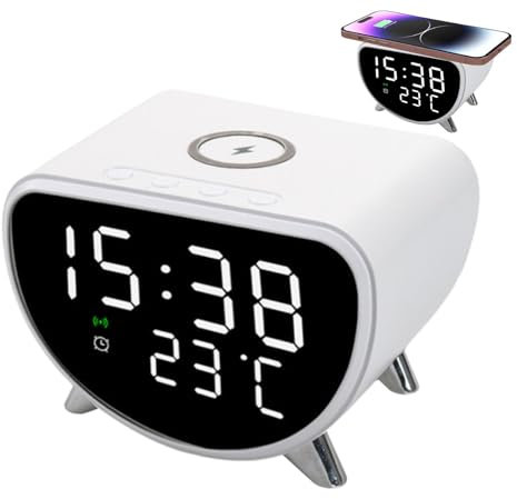 Väckarklocka med trådlös laddning – nattduksbordsklocka med temperaturmätare – sömntimer, 15 W snabb trådlös laddningsstation för sovrum, hem