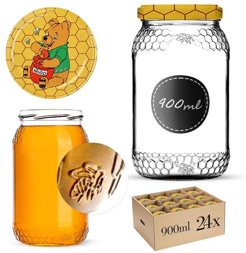 KADAX Lot de 24 pots à miel 1260g (900ml) avec couvercle Ø82mm pour aliments, miel, confiture, fruits, bocal de conservation, bocal neutre à vis Imkerhonig (Winnie l'ourson, 24 pièces)