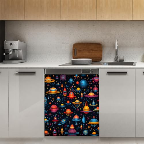 Mexpekil Cartoon Planet Universe Couvercle magnétique pour lave-vaisselle 53,3 x 66 cm Autocollant décoratif pour porte d'entrée étanche Panneau magnétique