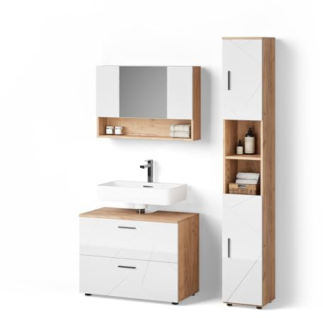 Livinity Conjunto de Muebles de baño Ronco Blanco Brillo Intenso/Roble | 3 piezas, mueble bajo 80 cm