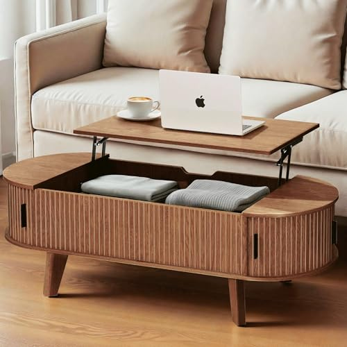 Pruchant Oval Lift Top Coffee Table with Storage, 47.2 Mid Century Modern Living Room Center Table with 180° Sliding Tambour Door, Wood Fluted Coffee Table for Home Office, Walnut