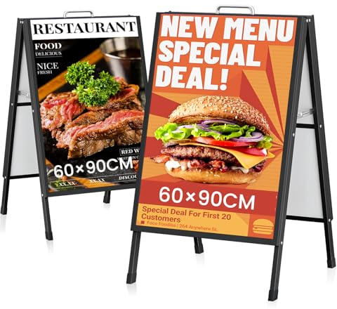 2 PACK A-Frame Sign, Double-Sided Folding Sandwich Board with Handle, 60 * 90 cm Heavy Duty Slide-in Sidewalk Signboard for Outdoor Street Advertising Poster, Frame only