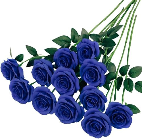 Witeygai 10 Stück Dunkelblau Rosen Künstlich, Long Stem Fake Rose Seide Braut Hochzeitsstrauß Realistische Blume für Hausgarten Party Hochzeitssträuße Garten Wohnzimmer Hotel Büro Dekor