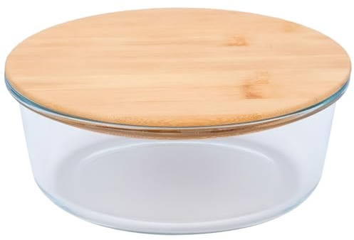 Ensaladera de vidrio extragrande de 1300 ml con tapa de bambú, apto para microondas y lavavajillas, recipiente hermético de vidrio para servir