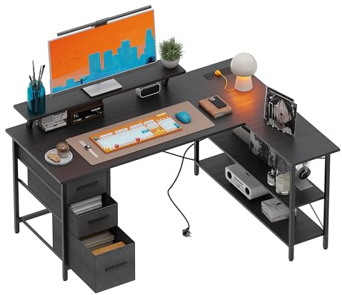 Xyphren Corner Computer Desk with Drawers, 120x80cm Reversible L Shaped Desk with Power Outlet, Home Office Desk with Monitor Stand and PC Stand, Gaming Desks Workstations,Black
