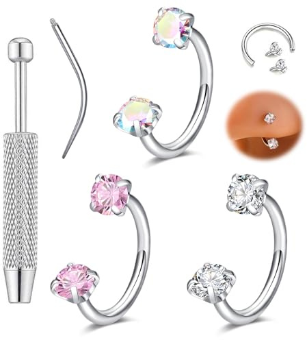 xolear 4 Piezas 18G Piercing Nariz Aro de Herradura, 8 mm Piercing Aro Nariz para Mujeres F136 Aleación Titanio Circón Septum con Herramienta Perforación para Fosas Nasales Orejas Labios (Multicolor)