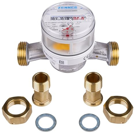 Zenner Contador de agua fría + caliente de 3/4 pulgadas, 130 mm de longitud, gris, con accesorios y juntas, calibración 2026