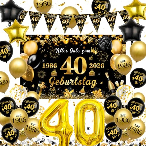 WINAROI Deko 40. Geburtstags Mann Frauen,Deko 40 Geburtstag Schwarz und Gold Dreieck Flagge Banner Hintergrund Ballon Kuchen Tortendek für 40 Jahren Party Geburtstagdeko