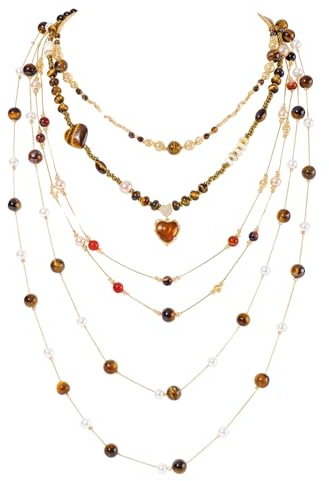 BERYOHZ lager boho pärlhalsband för kvinnor med guldpläterade kedjor, 4 trådar avtagbara statementsmycken, hartshänge för sommar strand fest present, Harts, Tigeröga
