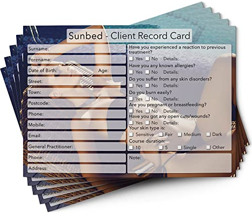 Sunbed Tarjetas para clientes tamaño A6, registro de consulta de clientes de salón y terapeuta, servicios de tratamiento, formularios de perfil y grabación, Beauty Stationery de 210 x 297 mm, paquete