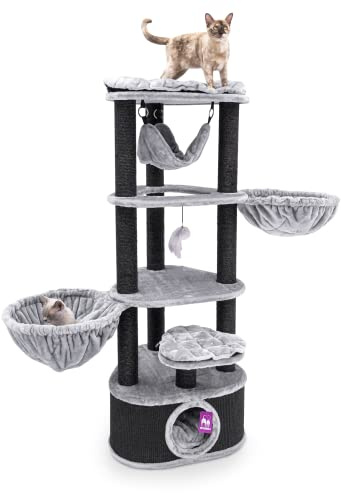 Petrebels Kratzbaum in Triangelform, Catharina 160 cm, Design Kratzbaum mit XXL Hängematten und Katzenhöhle, Farbe Grau