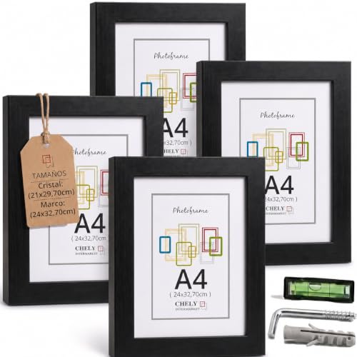 CHELY INTERMARKET MOD-254 Marco Fotos Madera Negro A4 Pack 4 unds Estilo Nórdico Rústico Moderno Escandinavo Decorativo Cuadro Horizontal Vertical Cristal Moldura Ancha Color Negro Decoración