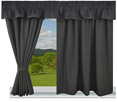 Caravan Curtains Fully Lined - 3 pencil pleat panels Plain 100% Polyester fabric (Dark Grey, 44 Width x 38 Drop)