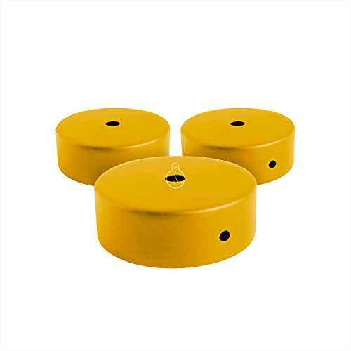 AMARCORDS - 3 Auvents de plafond en métal, cache fil pour lustre couleur JAUNE MOUTARDE, boîtier de lampe complet avec accessoires serre-câbles, vis et support de plafond. Diamètre 77mm hauteur 26mm