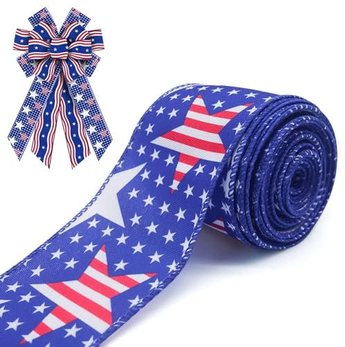 4th of July Ribbons for Gift Wrapping, 2.5×10 Yards Patriotic Wired Edge Ribbon Memorial Day Decorations American Stars Ribbons for Crafting
