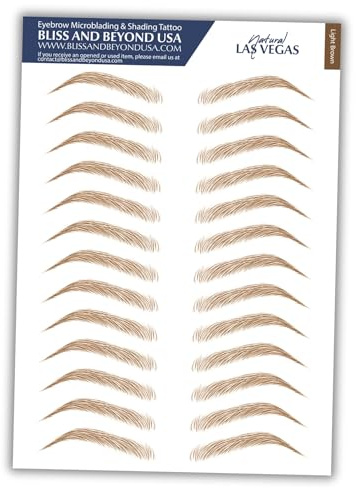 Bliss and Beyond USA | Waterproof Eyebrow Tattoo Stickers. A real hair stroke look. Hair replacement without surgery. Solution for hair loss. Bushy Tinted eyebrow tattoos. (New Las Vegas, Light Brown)