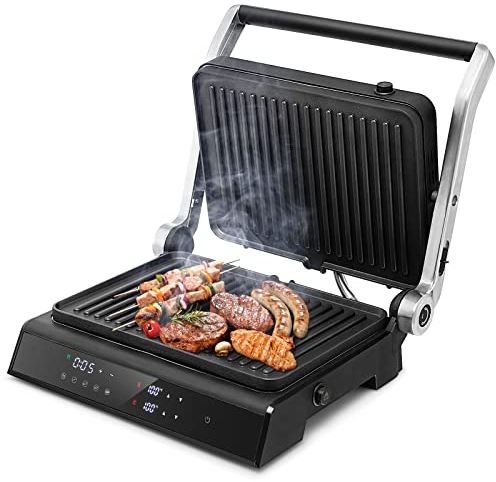 COSTWAY 3 in 1 Piastre per Panini 2000 W, Bistecchiera Elettrica con 5 Modalità Automatiche, Cottura Bifacciali, Timer 0-4H e Display a LED, Materiale Antiaderente, Ideale per Panini e Barbecue