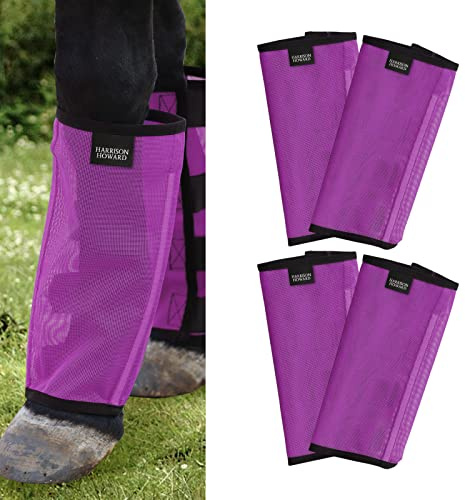 Harrison Howard Loose Fitting Fly Boots UV-Protective Extra Tough Mesh Ventilated Four Fasteners Stay-on Design Protect Horse Legs & Stomp-Reducing Set of 4 Purple Large