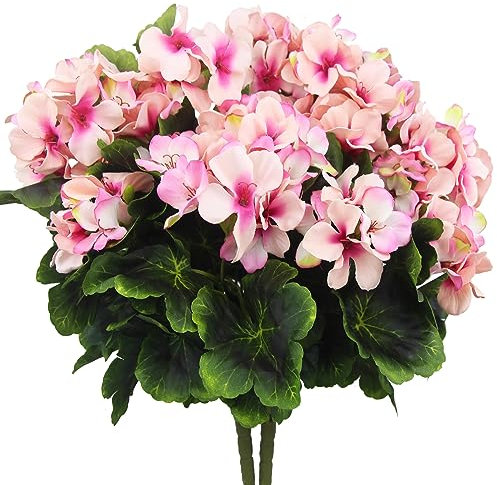 FAICOIA 2 piezas de geranios artificiales para exteriores, flores de geranio de seda, color morado, rosa, arbusto de geranio artificial, ramas de geranios para jardín, patio, cementerio, centro de