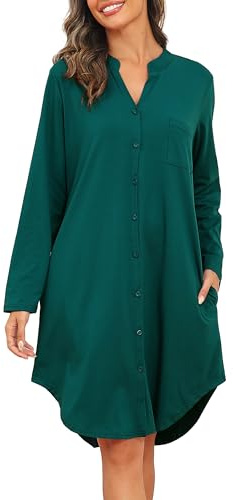 Vlazom Nattlinne för kvinnor långärmad sovskjorta Button Down nattskjorta nattkläder pyjamasklänning storlek S-XXL, Mörkgrön, S