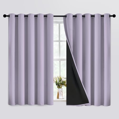 SimpleHome 100% Blackout Curtains for Bedroom,Thermal Insulated Lilac Grommet Window Drapes Room Darkening Curtains for Living Room with Black Back,62 x 63 Inch,2 Panels