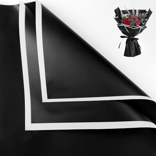 20 Blatt Blumenstrauß Geschenkpapier, wasserdichtes Blumenpapier für Hochzeit Geburtstage Party Dekoration Geschenkpapier DIY Kunsthandwerk 57 x 57cm (Schwarz & Weiß Rand)