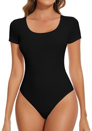 SHAPERIN Women Short Sleeve Bodysuit Thong Slim Fit Ribbed Tshirt Tops | Casual Crew Neck Body Suits Square Neck Summer Top V Neck Tee Shirt Soft Leotard